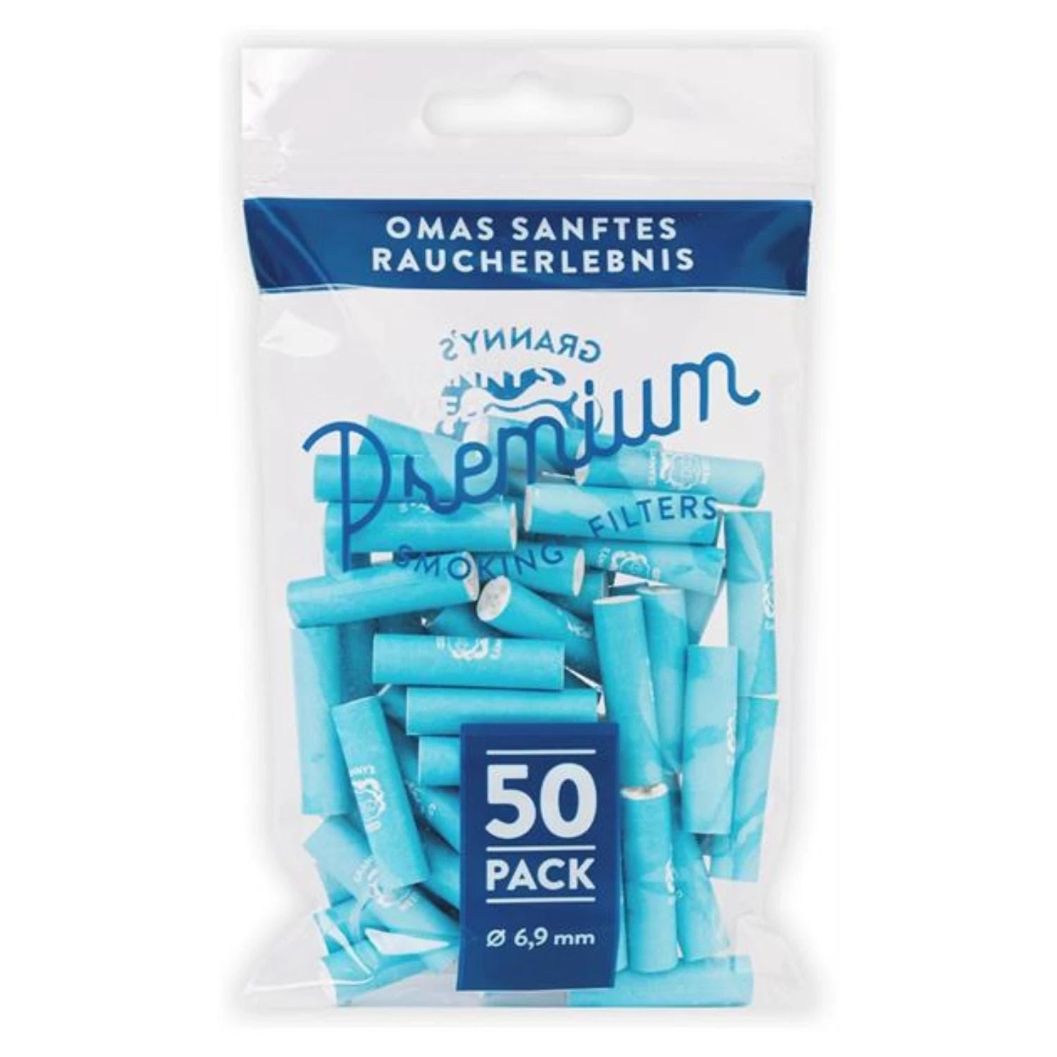 Granny's Premium Smoking Filters 50er Pack 6,9mm – transparente Standbeutel-Verpackung mit hellblauen zylindrischen Filtern, blauem Banner mit Aufschrift "Omas sanftes Raucherlebnis" und Granny's Premium Schriftzug